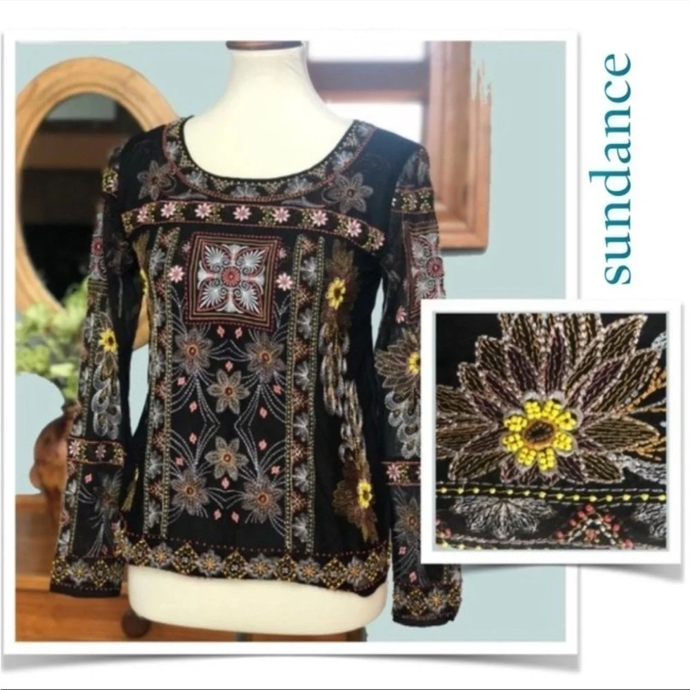 Sundance Beaded and Embroidered Floral Black Top Mesh Sleeve Shirt Sz S